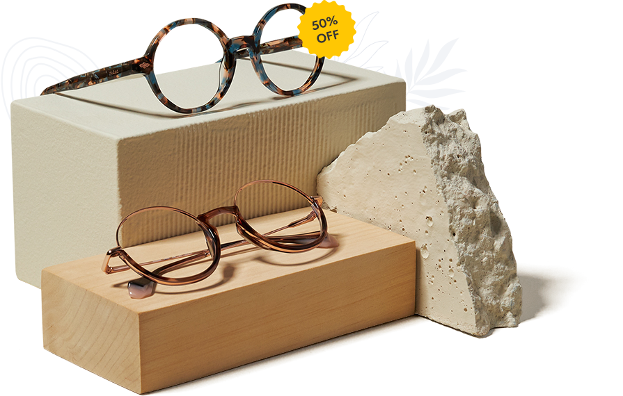 Trending sunglasses and eyeglasses on display blocks